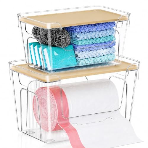 VOOWO Trash Bag Holder, 2 Pack Clear Trash Bag Dispenser with Plastic Lid | Stackable Trash Bag Organizer Fit 13/30 Gallon Bags, Clear Organizer Bins Under Sink for Pantry Kitchen Laundry Room Cabinet