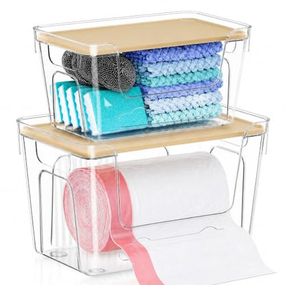 VOOWO Trash Bag Holder, 2 Pack Clear Trash Bag Dispenser with Plastic Lid | Stackable Trash Bag Organizer Fit 13/30 Gallon Bags, Clear Organizer Bins Under Sink for Pantry Kitchen Laundry Room Cabinet
