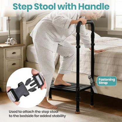 Medical Step Stool, Wide Platform, Adjustable Handrail & Legs | Adjustable handrail(32.5”-40.4”) & sturdy steel frame. 800 lb capacity. Use on bed, car SUV & bathroom. Safe for seniors. - color: Black