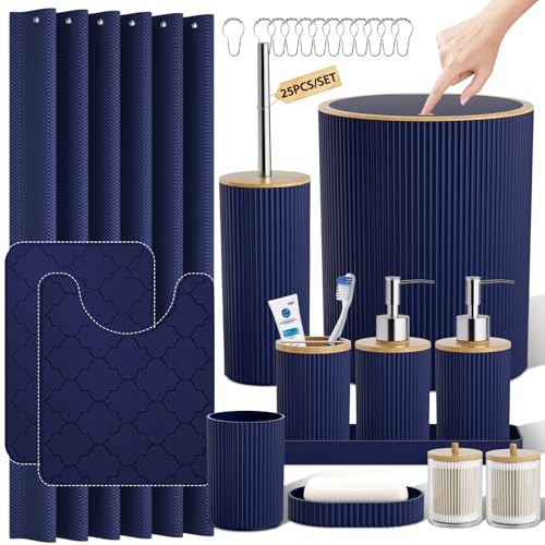 Navy Blue Bathroom Accessories Set 25 PCS, Bathroom Decor Set with Shower Curtain and Rugs, Trash Can, 2 Soap Dispensers, Toothbrush Holder, Tumbler, Soap Dish and Tray - color: Navy Blue & Wood, size: Bath Set&Shower Curtain&Bath Rugs