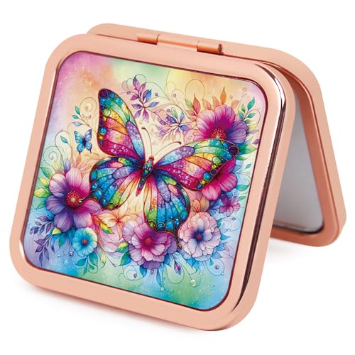 Compact Mirror, Handheld 2.8 inches Travel Makeup Mirror, 1X/2X Magnifying Square Pocket Makeup Mirror Rose Gold Butterfly - color: Rose Gold 11
