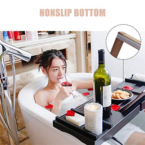 Bamboo Bathtub Tray Expandable Bath Caddy Organizer with Reading Rack Wooden Spa Bath Tub Shelf Storage Bridge for Bathroom Relaxation-Grey