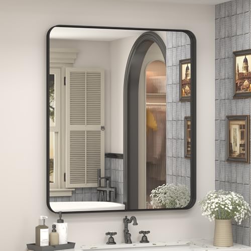 24x28 Inch Black Metal Framed Bathrrom Mirror for Wall | Matte Black Rectangle Mirror, Shatterproof, Anti-Rust, Rounded Corner, Hangs Horizontally or Vertically - color: Black, size: 28"L x 24"W