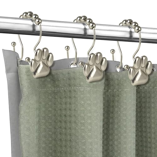 Sunlit Fashion Design Cute Paw Print Polished Double Shower Curtain Hooks for Dog Cat and Bear, Rust Proof Oil Rubbed Metal Shower Curtain Rings-12 Pack - color: Silver With Double Hooks