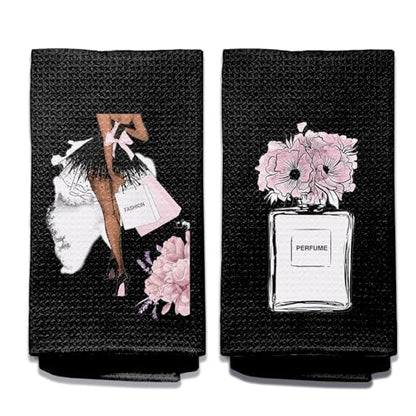 Black & Pink Hand Towels (Set of 2) - Flower Design for Bathroom - color: A - Black Base