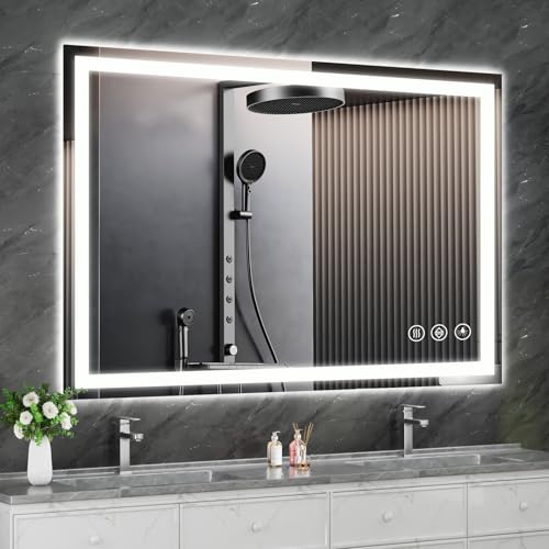 Koonmi 55x30 LED Bathroom Mirror, Shatterproof Mirror with Light | 90CRI Vanity Mirror with Anti-fog Backlit + Front Lit, 3 Color, Easy Install for Bathroom Hotel (IP65) - size: 30"L x 55"W