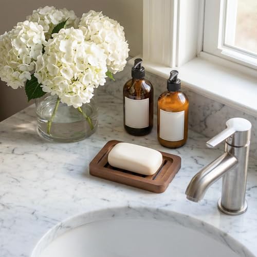 2PCS Self Draining Soap Holders, Rustic Slotted Bamboo Dish Tray, Easy Cleaning Wooden Soap Dish for Shower, Bathroom, Kitchen Sponges, Bath Tub, Packed in A Case (Walnut Style) - color: Dark Brown