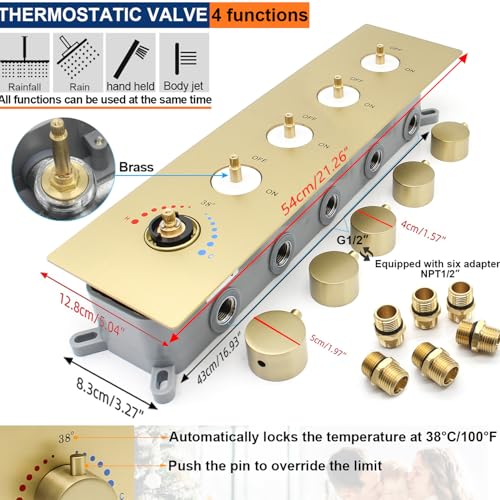 Thermostatic Shower System Dual Shower Heads with 16" Ceiling Mounted Rain Shower Head & 6" Wall Mounted Head 4 Function Shower System with body jets Can All Run Together, Brushed Gold - color: Brushed Gold, style: 16 inch +6 jets