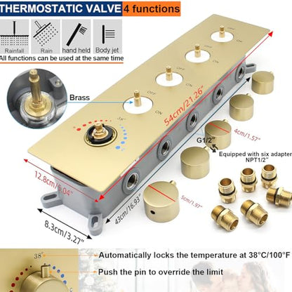 Thermostatic Shower System Dual Shower Heads with 16" Ceiling Mounted Rain Shower Head & 6" Wall Mounted Head 4 Function Shower System with body jets Can All Run Together, Brushed Gold - color: Brushed Gold, style: 16 inch +6 jets