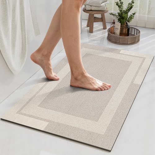YDKGL Non Slip Bath Mat Thin Bathroom Rugs Fit Under Door Beige 16"x 24" | Quick Dry Absorbent Washable Rubber Backing Bath Rug Shower Mat Bathroom Floor Mat for Sink Bathtub Beside Shower Entrance - color: A- Beige, size: 16" x 24“