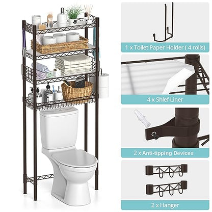 Hodonas Over Toilet Storage Shelf, Espresso, 26.97" x 9.84" x 67.32" | Sturdy Carbon Steel, 4 Tiers, Adjustable, Freestanding, Stable, Easy to Assemble, Over the Toilet for Storage in Bathroom - color: Espresso-4 Tier