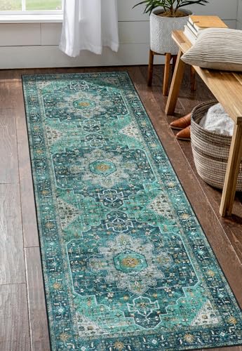 Moynesa Ultra-Thin Washable Teal Non Slip Bathroom Rug - 2x6 Laundry Room Mat, Machine Washable Non-Slip Pet Friendly Carpet Runner for Camper RV Foyer Kitchen Hallway - color: Teal, size: 2' x 6'