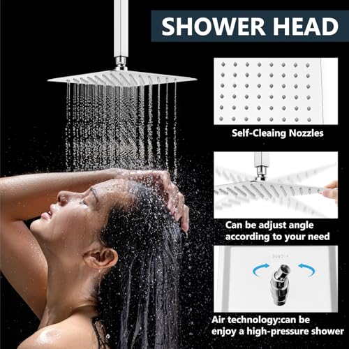 Aolemi Ceiling Mount Shower System Rain Shower Head with Handheld Spray High Pressure Shower Faucet Set Rough-in Valve Shower Trim Kit Included Bathroom Polish Chrome 8 Inch Ceiling Shower Head - color: Chrome, size: 8 Inch Ceiling Shower Head