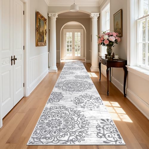 HEBE Hallway Runner Rug 3'x18', Washable Non Slip Kitchen Rug Runner | Soft Boho Bedroom Runner Rug, Vintage Distressed Low-Pile Floor Carpet Runners for Hallway, Entrance, Bathroom, Laundry - color: Grey, size: 3' x 18' (Rectangular)