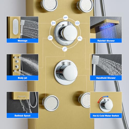 5-Jet LED Shower Panel Tower System Stainless Steel Brushed Gold | Rainfall head | 5 body jets | Handheld shower | LED lights | Brushed gold finish | Wall mount - color: Gold