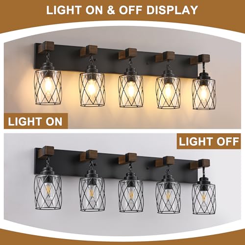 Bathroom Light Fixtures,Farmhouse Black Metal with Glass Shade | 5 Light Rustic Vanity Lights, Wood Accent Wire Cage Design, Mounts Over Mirror, Ideal for Bedroom & Hallway,Easy to Install - size: 5-Light