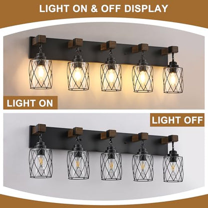 Bathroom Light Fixtures,Farmhouse Black Metal with Glass Shade | 5 Light Rustic Vanity Lights, Wood Accent Wire Cage Design, Mounts Over Mirror, Ideal for Bedroom & Hallway,Easy to Install - size: 5-Light