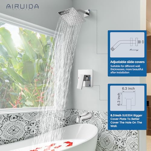 Airuida 6 Inch Shower Faucet Set,Bathtub Faucet Kit,Chrome Polish | Shower Tub Faucet Set,Male Threads Rough-In Valve,Square Head Shower System - color: Chrome, size: 6 Inch