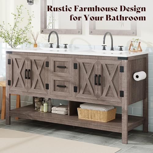 AMERLIFE 60" Gray Farmhouse Double Sink Bathroom Vanity, Solid White Top | Light Gray, Solid White Integrated Top, Moisture-Resistant MDF, 4 X-Panel Doors, 2 Drawers, Open Shelf, Paper Towel Holder - color: Light Gray, size: 60”