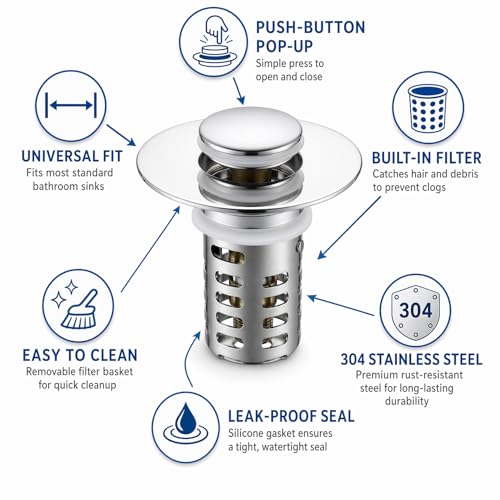 Bathroom Sink Stopper, Universal Stainless Steel Replacement | Universal Bathroom Sink Stopper Replacement, Fits 1.1–2.36 Inch Drain Holes, Brass Core with Stainless Steel Cover