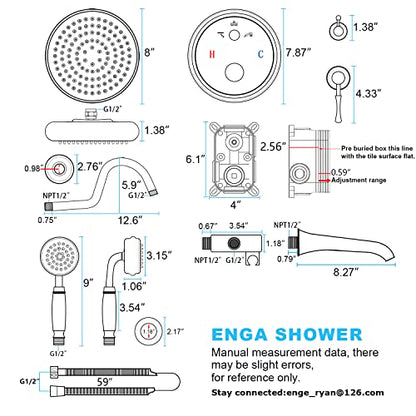 Enga Bright Gold Brass Shower Tub Faucet System Antique 8inch Rainfall Shower with Spout and Hand Spray - color: Bright Gold, style: 8" Head + Tub