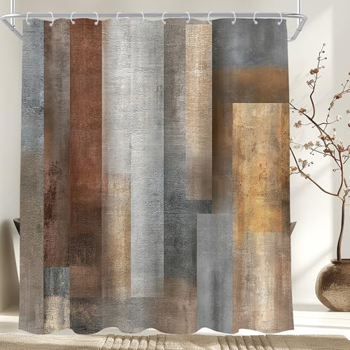 Abstract Brown Grey Vintage Farmhouse Painting Bathroom Shower Curtain Set | 72"W x 78"H Watercolor Orange; waterproof HD print, quick-dry fabric and plastic hooks for easy setup. - color: A-brown, size: 72"W x 78"L (Pack of 1)