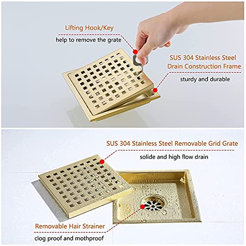 RANDOM Brushed Gold Shower Drain Square 6 Inch Shower Drain Cover Kit with Flange,SUS 304 Stainless Steel Shower Floor Drain with Removable Grid Cover and Hair Strainer - color: C-brushed Gold-6″ Square With Base Flange