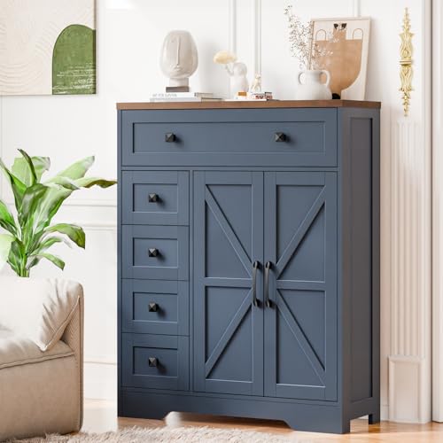 Vabches Farmhouse Storage Cabinet with 2 Doors and 5 Drawers, Blue | Freestanding Bathroom Cabinets, Kitchen Pantry, Floor Storage Cabinet Hutch Cupboard for Living Room/Bathroom/Kitchen - color: Blue, style: 5 Drawers