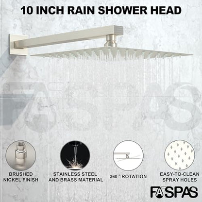 Shower System with 10-Inch Rain Head and Tub Spout | All-Metal Tub Shower Faucet Set, Wall Mounted Rain Showerhead, Handheld Spray, Includes Valve and Trim Kit, Brushed Nickel - color: Brushed Nickel, style: 10"-With Tub Spout