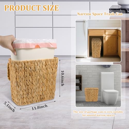 Wicker Trash Can with Lid and Liner, Handwoven Wicker Waste Basket, Water Hyacinth Bathroom Trash Can, Boho Rattan Garbage Wastebasket for Bedroom Home Living Room Office Kitchen, 2.5 Gallon - color: Water Hyacinth