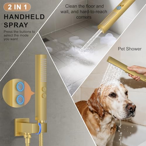 Rain Shower System 12" & 6" Dual Shower Heads, Wall Mount Shower Faucet Set | Ideal for bathroom remodels and upgrades with 12" rain shower, 6" angled shower, handheld spray and complete valve kit. - color: Brushed Gold, size: Wall Mounted - 12"+6" Shower