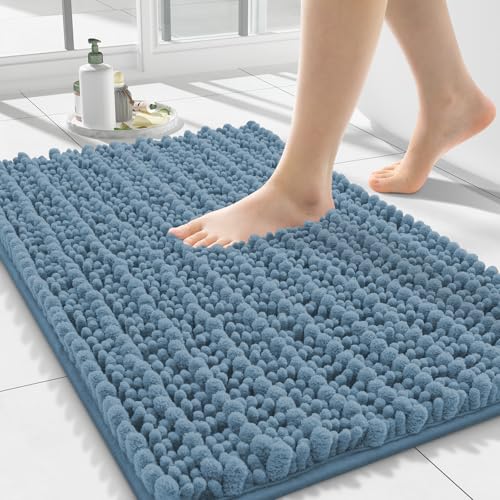 Smiry Bathroom Rugs Mat 24x16, Extra Soft Absorbent Chenille Bath Rugs, Non Slip Rubber Backing Machine Washable Quick Dry Bath Mats for Bathroom Floor, Tub, Shower, Home Accessories, Grayish Blue - color: Grayish Blue, size: 24'' X 16''