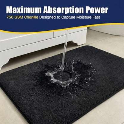 Muddy Mat® CloudStep Bathroom Rugs 2 Piece Set, Non Slip Bath Mats for Bathroom, Absorbent Memory Foam Chenille, Machine Washable Quick Dry Toilet Rug Set, Black 20"x30" + 20"x20" U-Shaped - color: Black