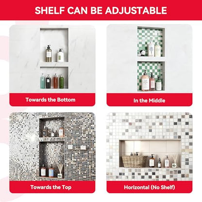 Shower Niche Insert Tile Ready 12x20 | Embedded size 13x21, mortar surface for strong tile bonding, waterproof coating for double water protection, double shelf - size: 12" x 20"