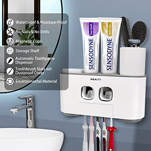 Toothbrush Holder Wall Mounted, WEKITY Multi-Functional Toothbrush and Toothpaste Dispenser for Bathroom, with 5 Toothbrush Slots, 2 Toothpaste Squeezers and 4 Cups(Grey) - color: Grey