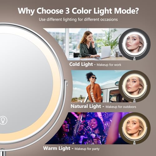 UBYMET Lighted Makeup Mirror, Rechargeable Height Adjustable Double Sided, 1x/10x Magnifying with 3 Color, Brightness Adjustable, 360° Rotation Vanity, Gift for Women - color: 8in Dresser Chrome