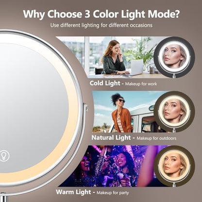 UBYMET Lighted Makeup Mirror, Rechargeable Height Adjustable Double Sided, 1x/10x Magnifying with 3 Color, Brightness Adjustable, 360° Rotation Vanity, Gift for Women - color: 8in Dresser Chrome
