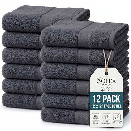 Sofea 100% Cotton Washcloths Set of 12, (12 x 12 Inch) 520 GSM Wash Cloths, Extra Soft Absorbent Quick Dry Face Towels - color: Dark Grey