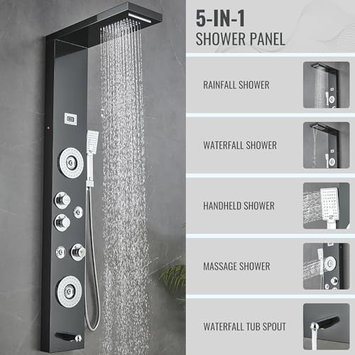 55 in. 6-Jet Stainless Steel Matte Black Shower Panel System w/Fixed LED Rainfall & Waterfall Showerhead, Temp Display, Tub Spout & Handheld Luxury Wall Mount Bathroom Tower