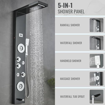 55 in. 6-Jet Stainless Steel Matte Black Shower Panel System w/Fixed LED Rainfall & Waterfall Showerhead, Temp Display, Tub Spout & Handheld Luxury Wall Mount Bathroom Tower