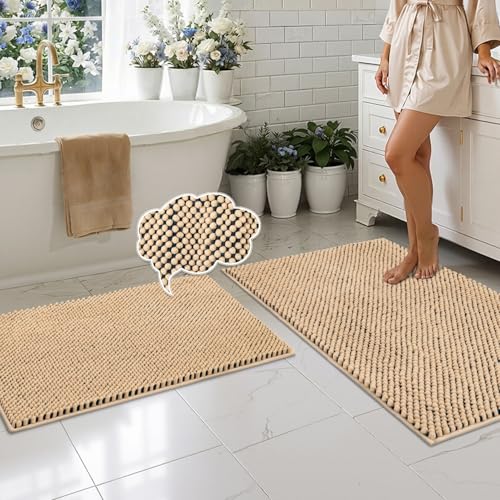 BSICPRO Bathroom Rugs Set 2 Piece, Thick Soft Multi-Color Chenille Absorbent Bath Mats, Non Slip Washable Bath Rugs, Shower Mat for Bathroom Decor (Oatmeal and Dark Blue, 24" x 36" Plus 20" x 32") - color: Oatmeal and Dark Blue, size: 24" x 36" Plus 20" x