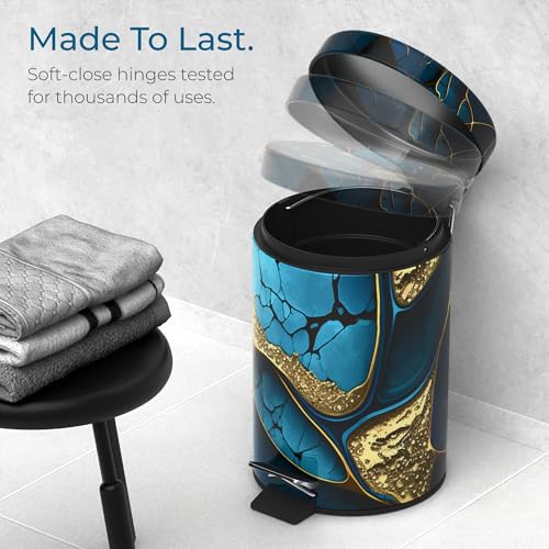 Sanilo Small Bathroom Trash Can with Lid [1.3 Gallon] - Lidded Tiny Trashcan for Garbage - Mini Metal Bin with Soft Closing Mechanism - Bath Room Accessoire Wastebin with Inner Bucket (Marble Cobalt) - color: Marble Cobalt