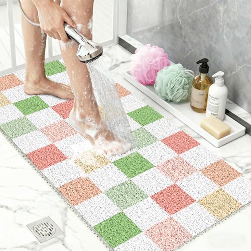 Non Slip Loofah Shower Mat 32"x16", Quick Drying Mats with Drain Hole, Soft Trimmable PVC Loofah Massage Bathmat for Shower, Kitchen, Hotel, Tub, Floor, Home, Multicoloured Checkered - color: Multicoloured Checkered, size: 16" x 32" (Rectangular)