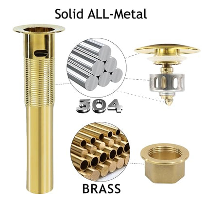 Bathroom Sink Drain, Gold Drain Stopper Bathroom Sink with Overflow,Pop Up Drain Assembly with Detachable Strainer Basket,Built-in Anti-Clogging Strainer,Stainless Steel Gold - color: Gold-big Cap, style: With Overflow