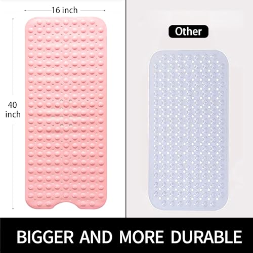 Bathtub and Shower Mats, Extra Long Non-Slip Bath Mat 39 x 16 Inch, Machine Washable Bath Tub Mat with Suction Cups & Drain Holes for Bathroom, Pink - color: Pink, size: 40" x 16" (Rectangular)