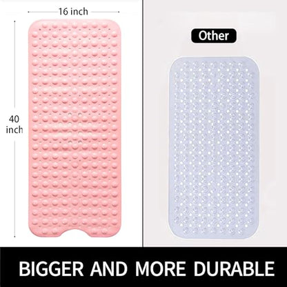 Bathtub and Shower Mats, Extra Long Non-Slip Bath Mat 39 x 16 Inch, Machine Washable Bath Tub Mat with Suction Cups & Drain Holes for Bathroom, Pink - color: Pink, size: 40" x 16" (Rectangular)