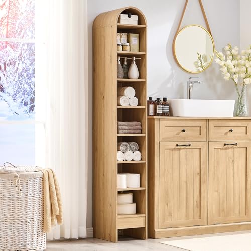 IFBUY 67" Tall Arched Bathroom Storage Cabinet, 8-Tier Modern Farmhouse Storage Cabinet with Adjustable Shelves, Wood Freestanding Cabinet for Bathroom, Living Room, Entryway, Hallway (Natural) - color: Natural, size: 67" Tall 8-Tiers(Narrow)