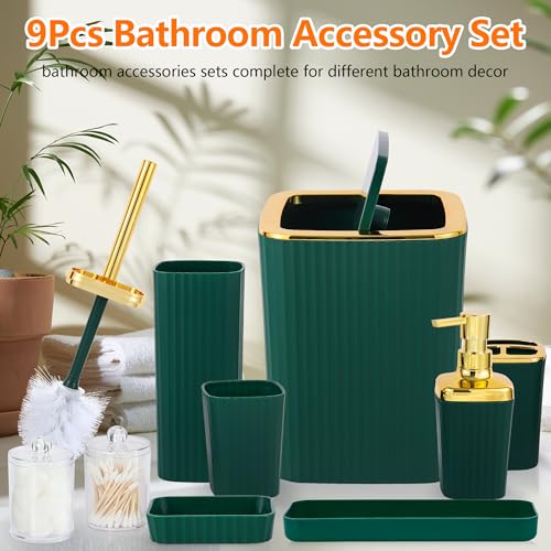 9 PCS DarkGreen Bathroom Accessories Set with Trash Can Bathroom Accessory | All-in-One Kit with Trash Can,Toothbrush Holder,Soap Dispenser,Toothbrush Cup,Vanity Tray,Soap Dish,Toilet Brush etc for Home - color: Darkgreen