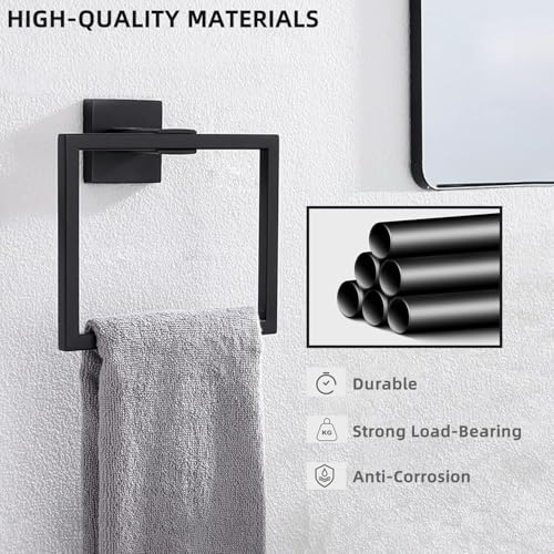 Bathroom Towel Holder,304 Stainless Steel Bathroom Hand Towel Rack,Wall-Mounted Bath Towel Holder,Simple Square Towel Ring (Matte Black)