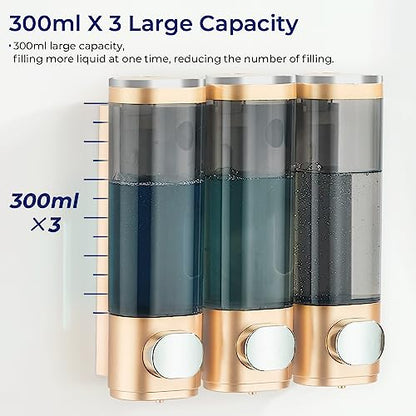 Pollock Shampoo and Conditioner Dispenser 3 Chamber No Drill | Shower Soap Pump Dispenser Wall Mounted,Body Wash Dispenser,Shower Gel Shampoo Holder for Bathroom Accessories, (Gold 3) - color: Gold 3